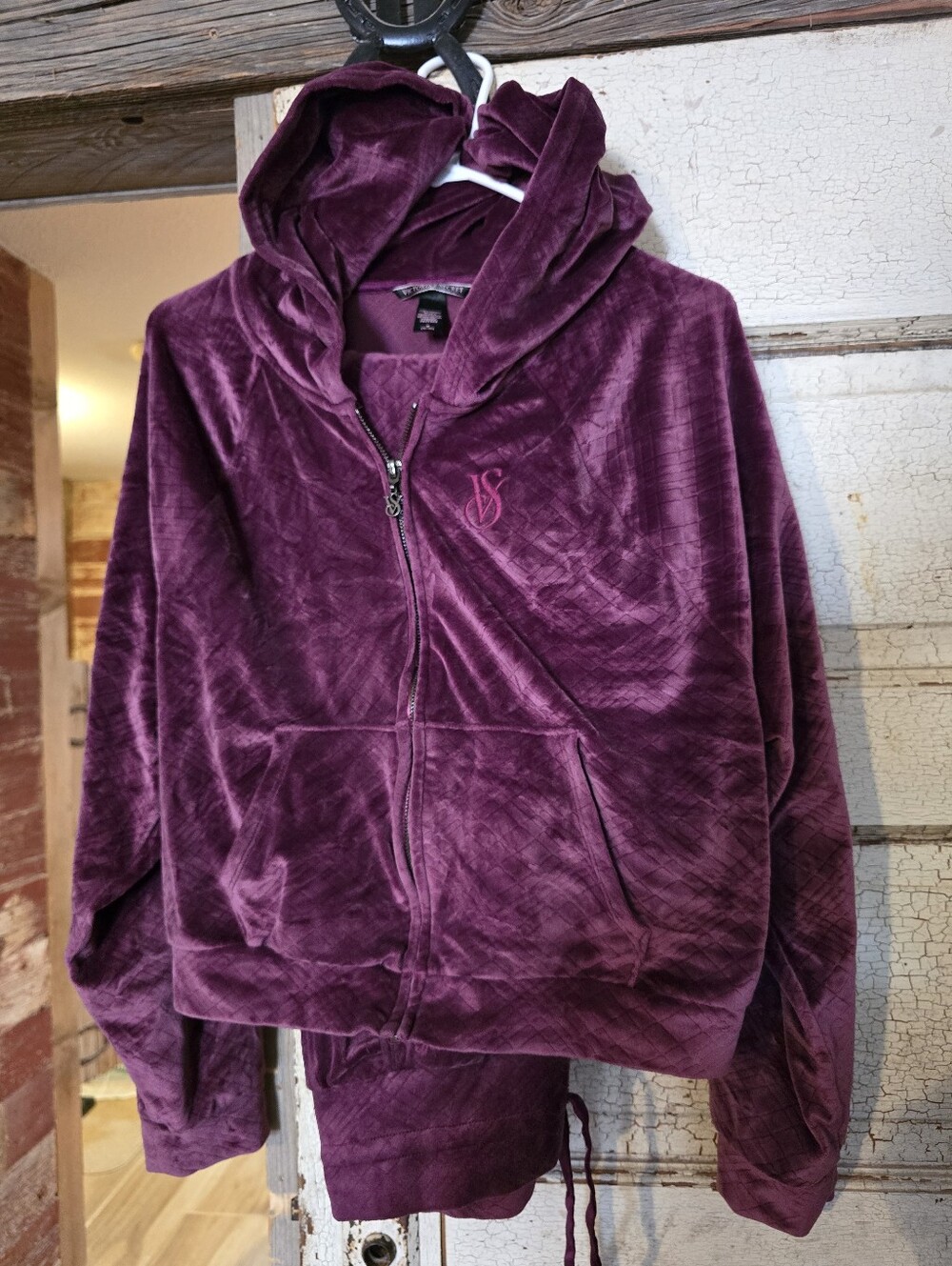 Victoria's Secret Deep Plum Velvet Zip Hoodie Pants Track Suit Outfit S/M